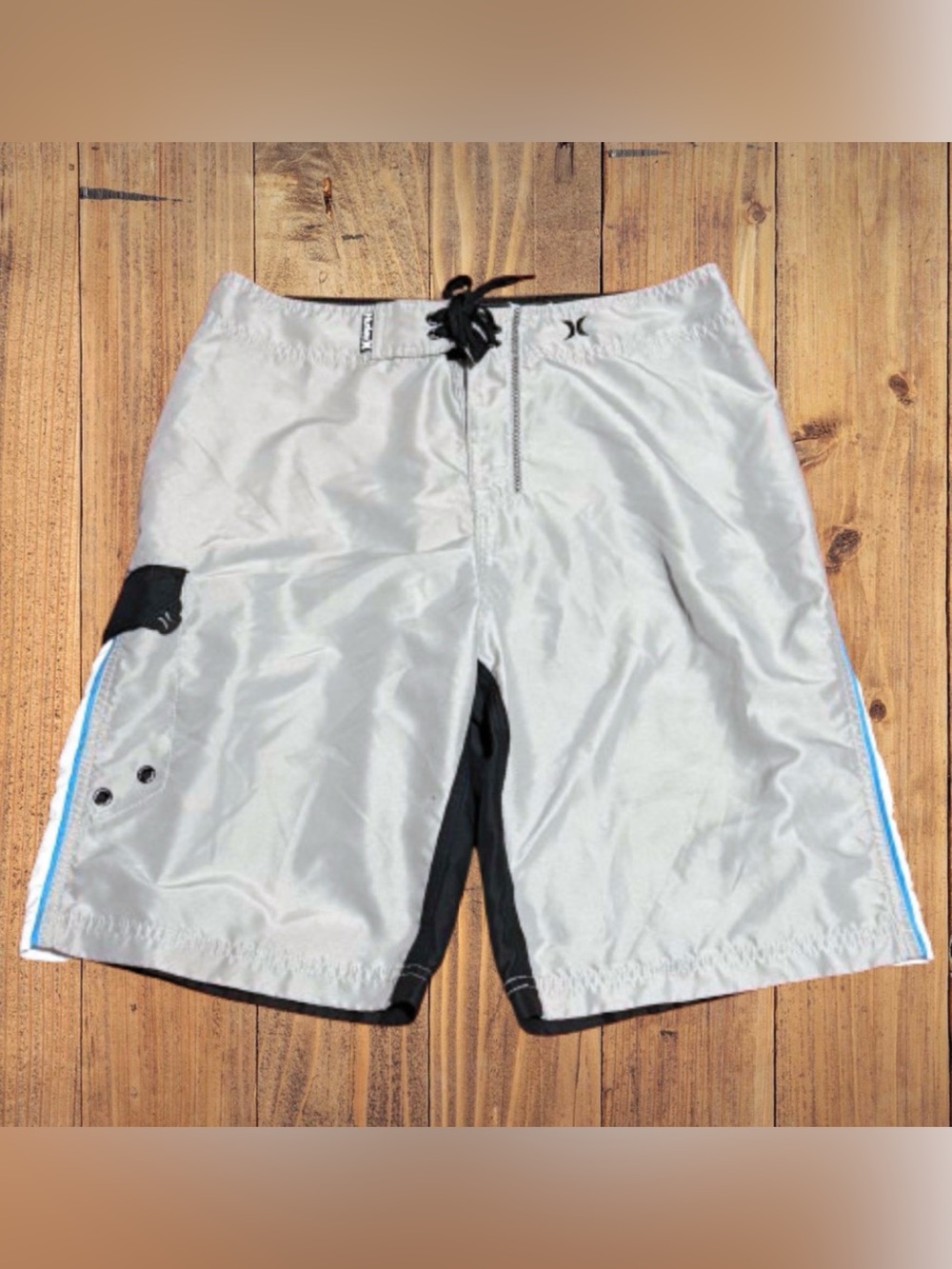 Vtg Hurley Board Shorts Mens 31/10 Swim Trunks Y2K Cargo Gray Blue Stripe